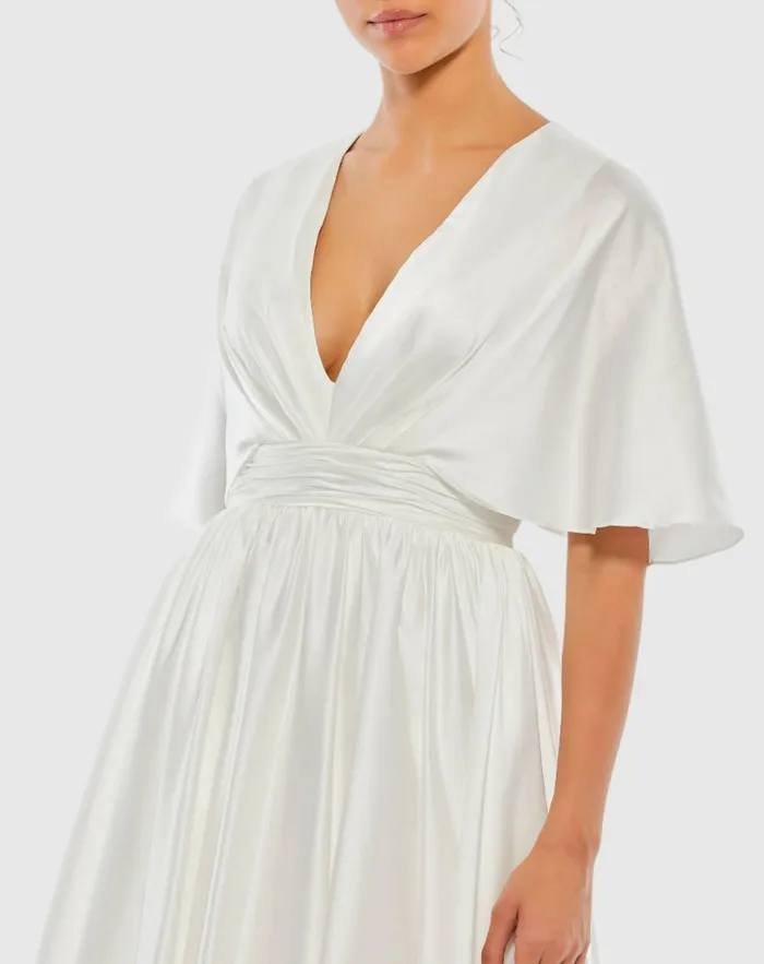 Daytime Dresses Women Mac Duggal White Satin Flowy Cape Sleeve Mini Dress 8211 FINAL SALE White