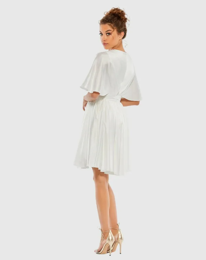 Daytime Dresses Women Mac Duggal White Satin Flowy Cape Sleeve Mini Dress 8211 FINAL SALE White