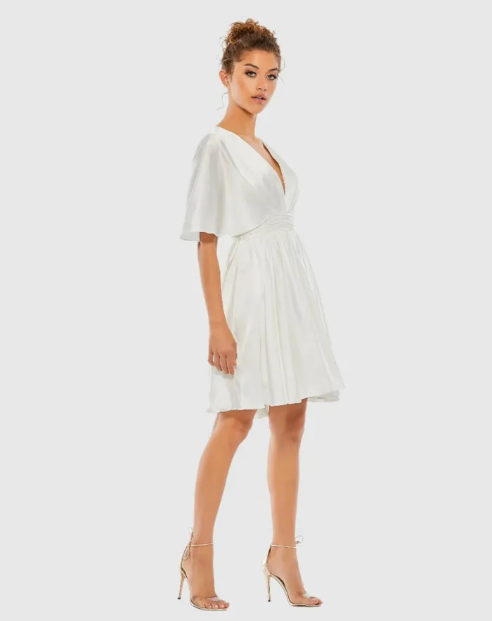 Daytime Dresses Women Mac Duggal White Satin Flowy Cape Sleeve Mini Dress 8211 FINAL SALE White