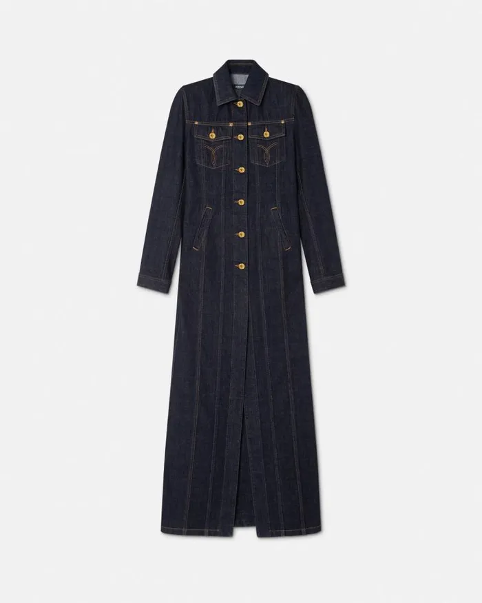 Denim Long Coat Blue Women Versace Outerwear and Coats