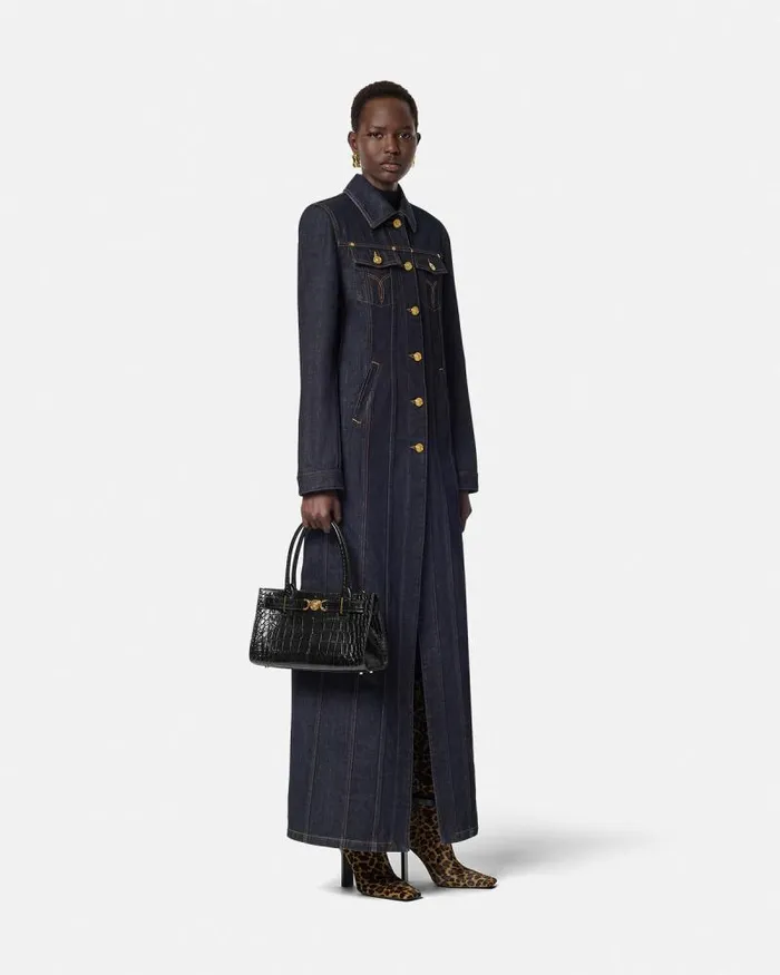 Denim Long Coat Blue Women Versace Outerwear and Coats