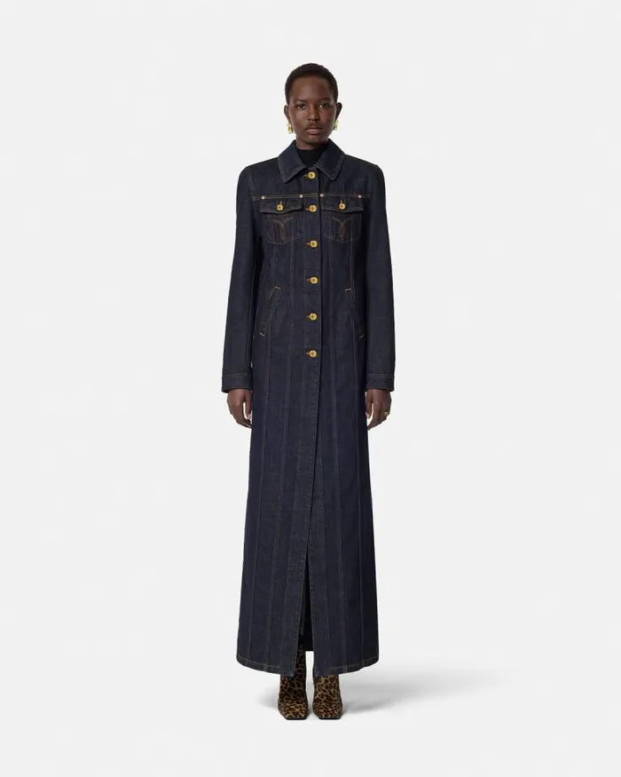 Denim Long Coat Blue Women Versace Outerwear and Coats