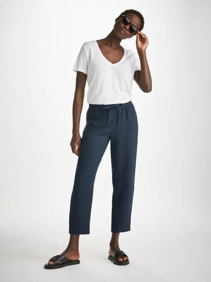 Derek Rose Casual Pants Women Trousers Vienna Linen Navy