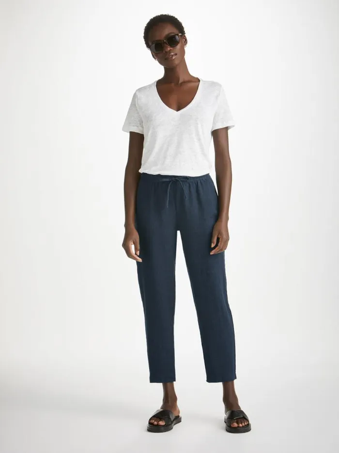 Derek Rose Casual Pants Women Trousers Vienna Linen Navy