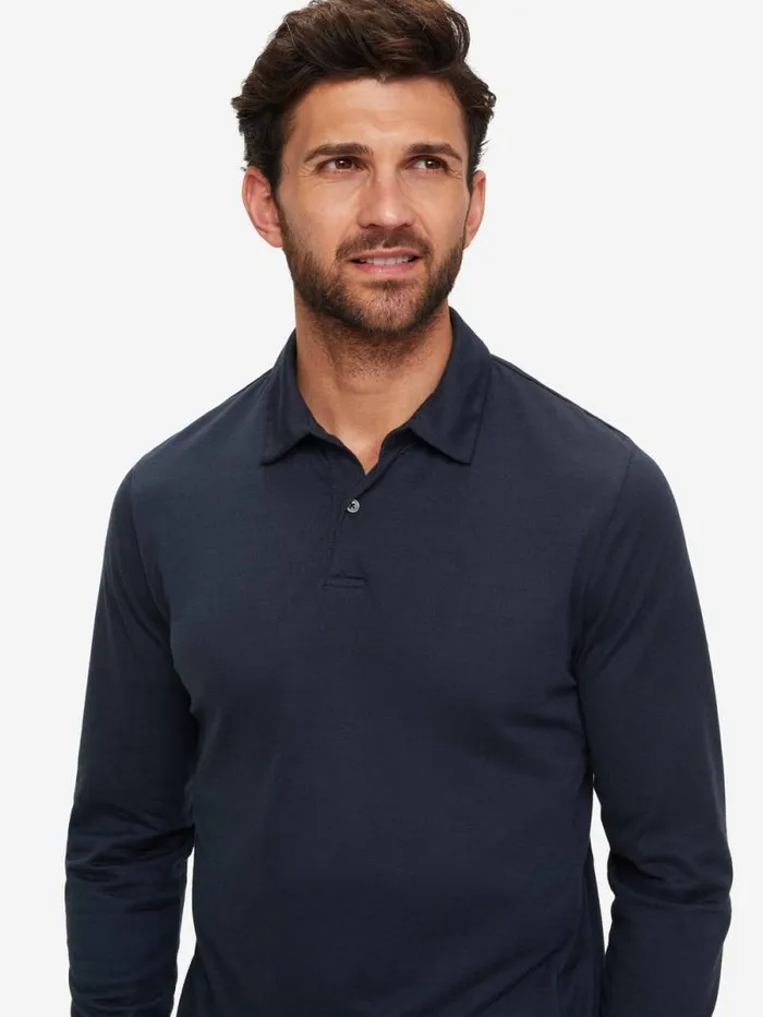 Derek Rose Casual Shirts Men Long Sleeve Polo Shirt Ramsay 2 Pique Cotton Tencel Navy