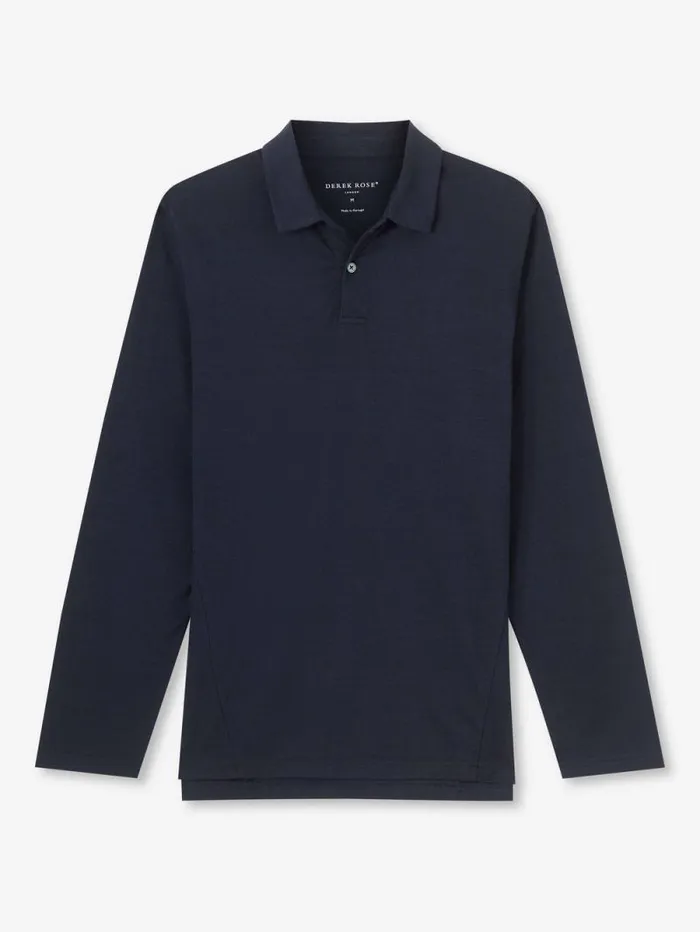 Derek Rose Casual Shirts Men Long Sleeve Polo Shirt Ramsay 2 Pique Cotton Tencel Navy