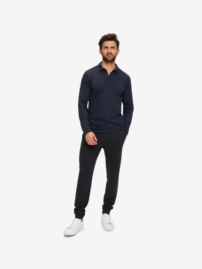 Derek Rose Casual Shirts Men Long Sleeve Polo Shirt Ramsay 2 Pique Cotton Tencel Navy