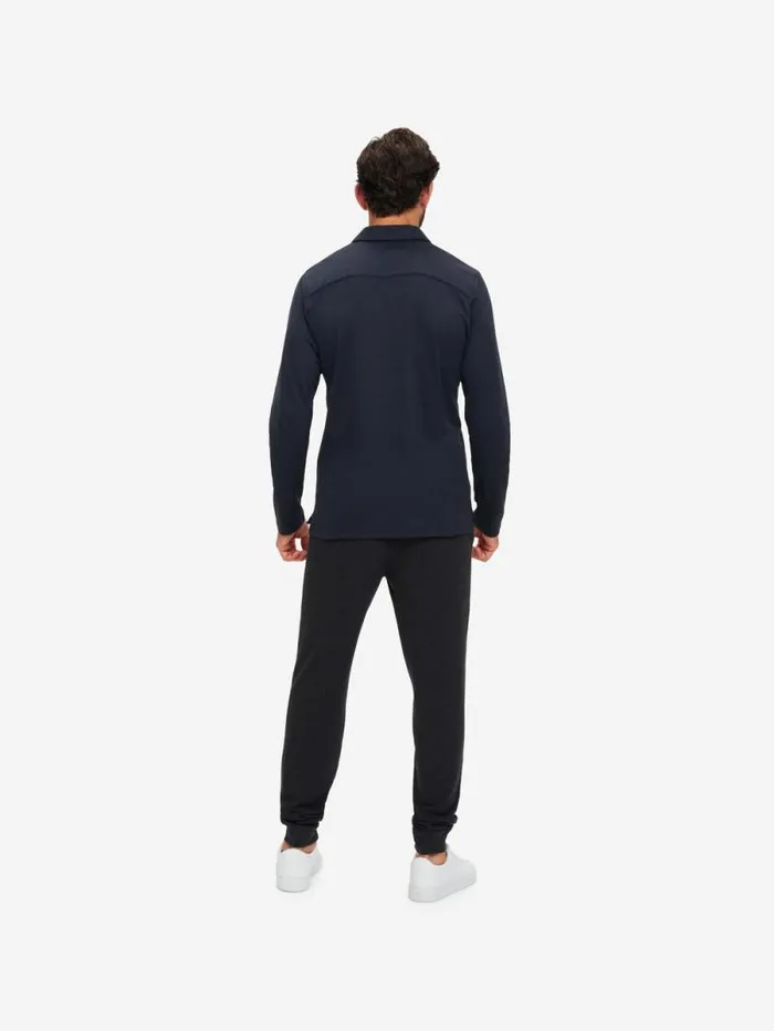 Derek Rose Casual Shirts Men Long Sleeve Polo Shirt Ramsay 2 Pique Cotton Tencel Navy