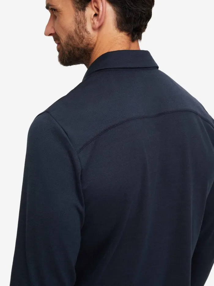 Derek Rose Casual Shirts Men Long Sleeve Polo Shirt Ramsay 2 Pique Cotton Tencel Navy