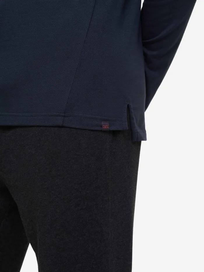 Derek Rose Casual Shirts Men Long Sleeve Polo Shirt Ramsay 2 Pique Cotton Tencel Navy