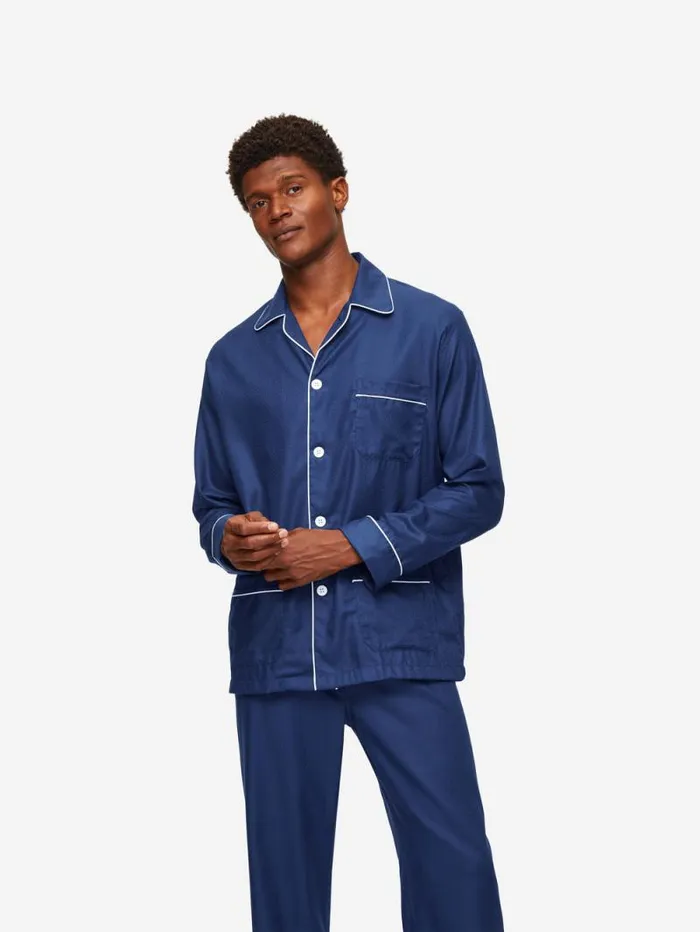 Derek Rose Cotton Pajamas Men Classic Fit Pajamas Lombard 6 Cotton Jacquard Navy