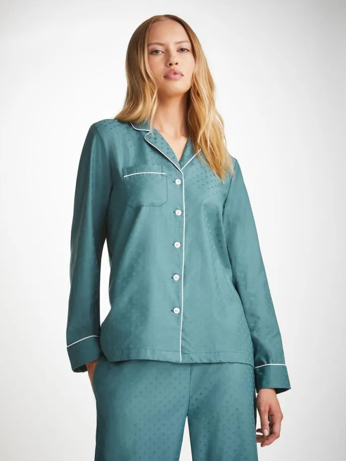 Derek Rose Cotton Pajamas Women Pajamas Kate 9 Cotton Jacquard Teal