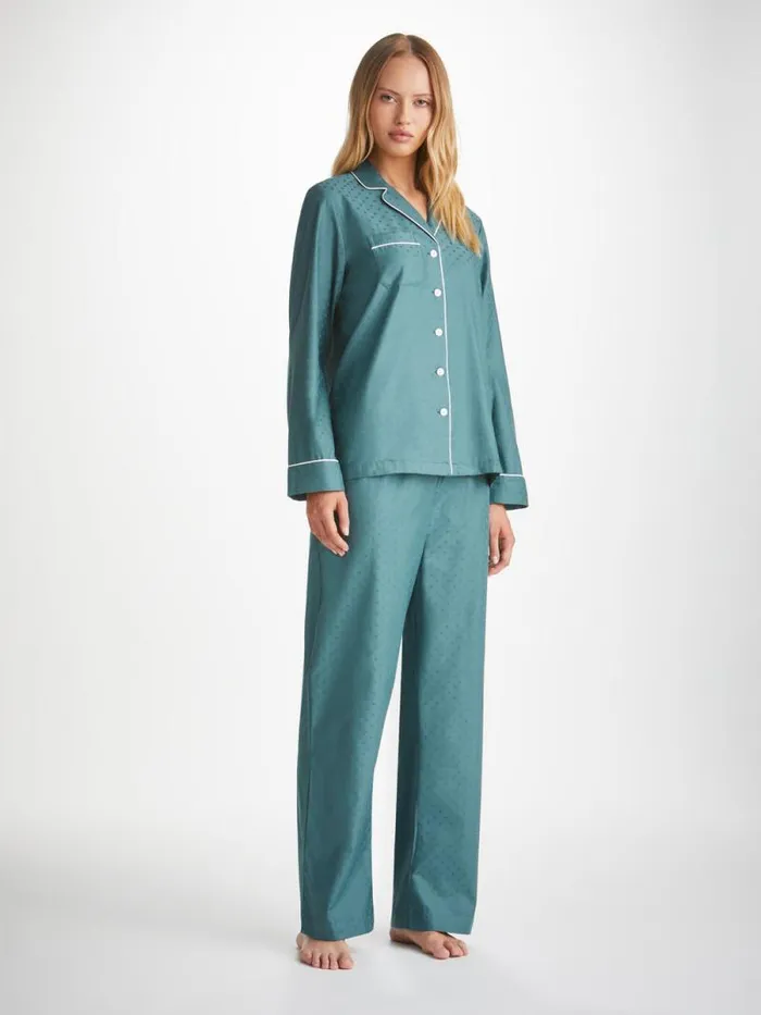 Derek Rose Cotton Pajamas Women Pajamas Kate 9 Cotton Jacquard Teal