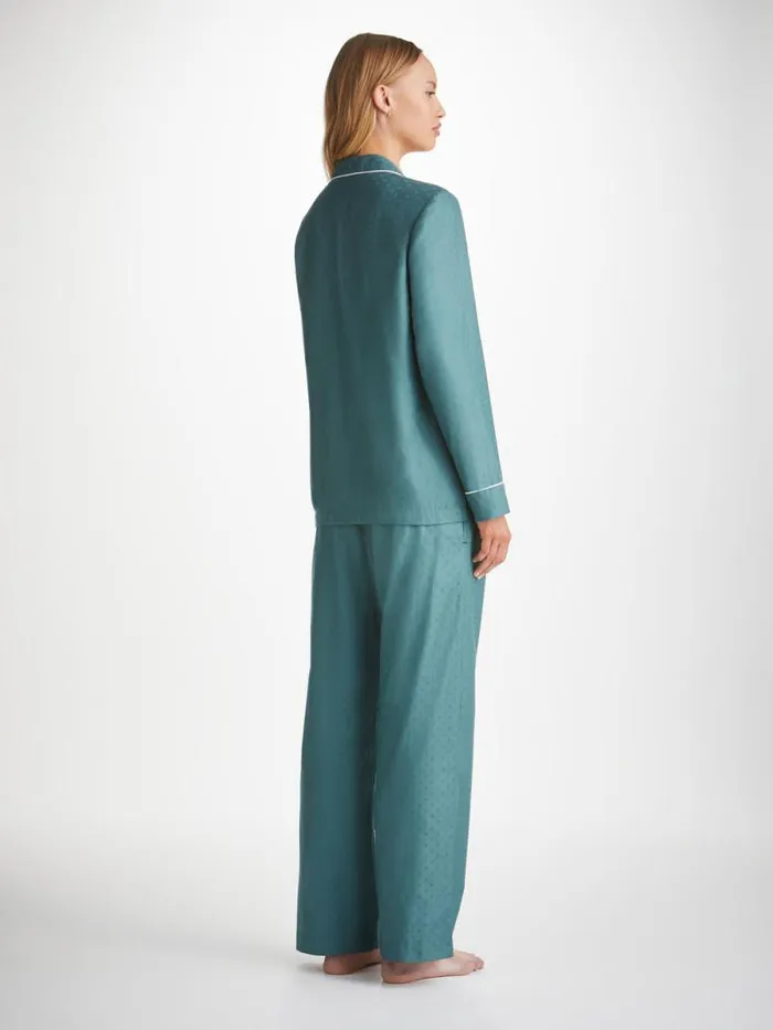 Derek Rose Cotton Pajamas Women Pajamas Kate 9 Cotton Jacquard Teal