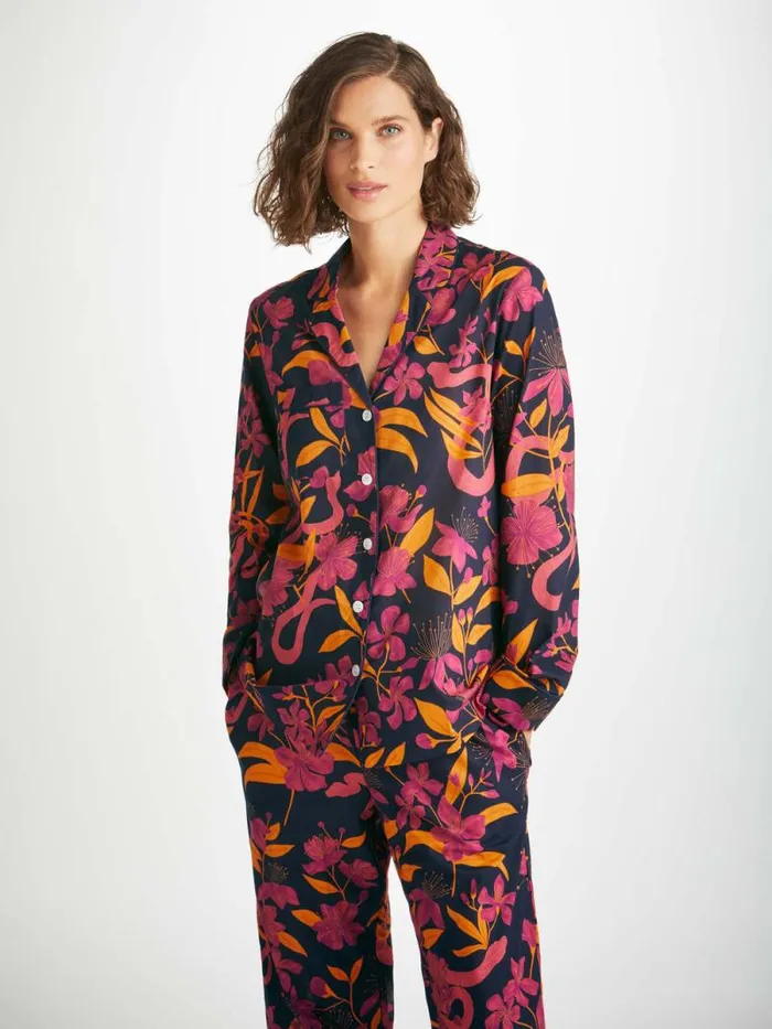 Derek Rose Cotton Pajamas Women Pajamas Ledbury 68 Cotton Batiste Navy