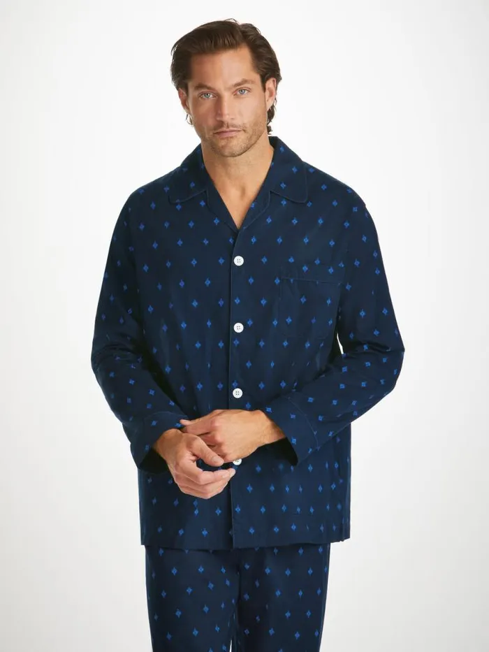 Derek Rose Long Pajamas Men Classic Fit Pajamas Nelson 98 Cotton Batiste Navy