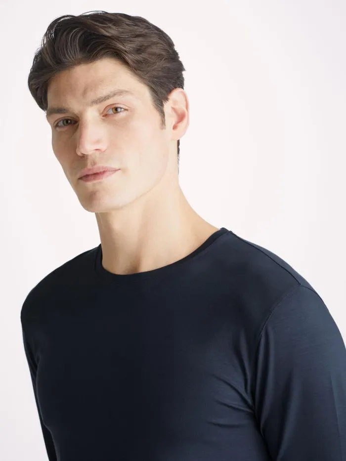 Derek Rose Long Sleeve TShirts Men Long Sleeve TShirt Basel Micro Modal Stretch Navy