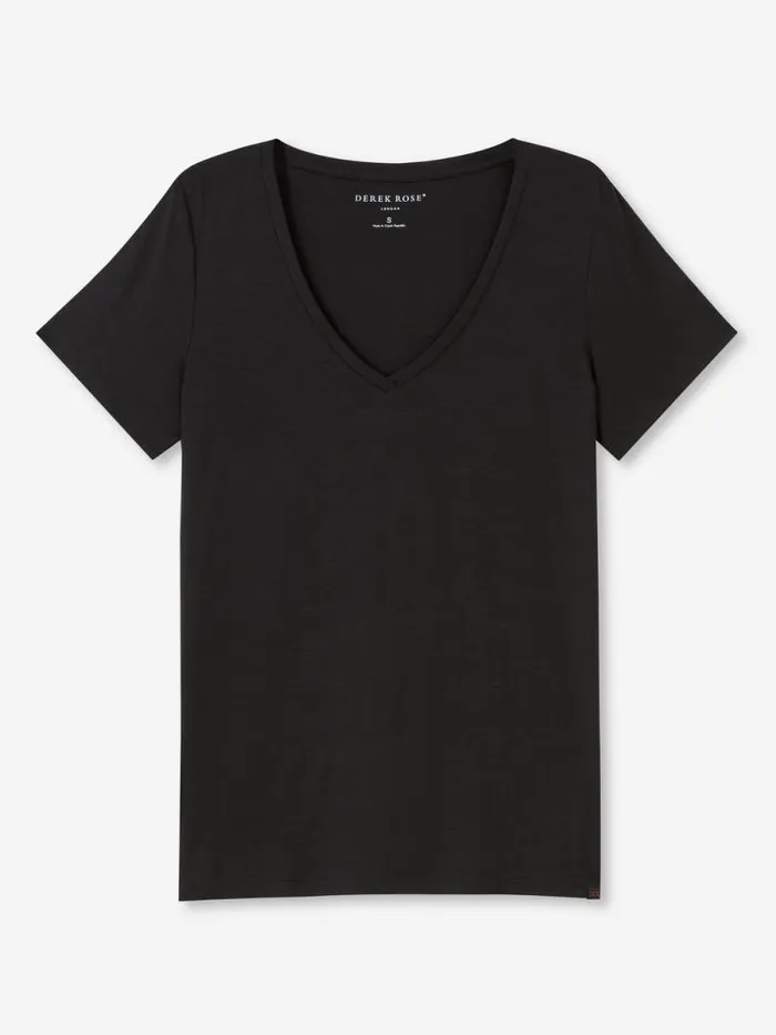 Derek Rose Short Sleeve TShirts Women VNeck TShirt Lara Micro Modal Stretch Black