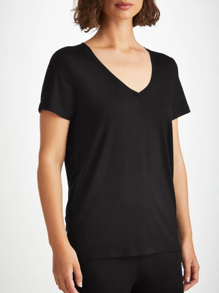 Derek Rose Short Sleeve TShirts Women VNeck TShirt Lara Micro Modal Stretch Black