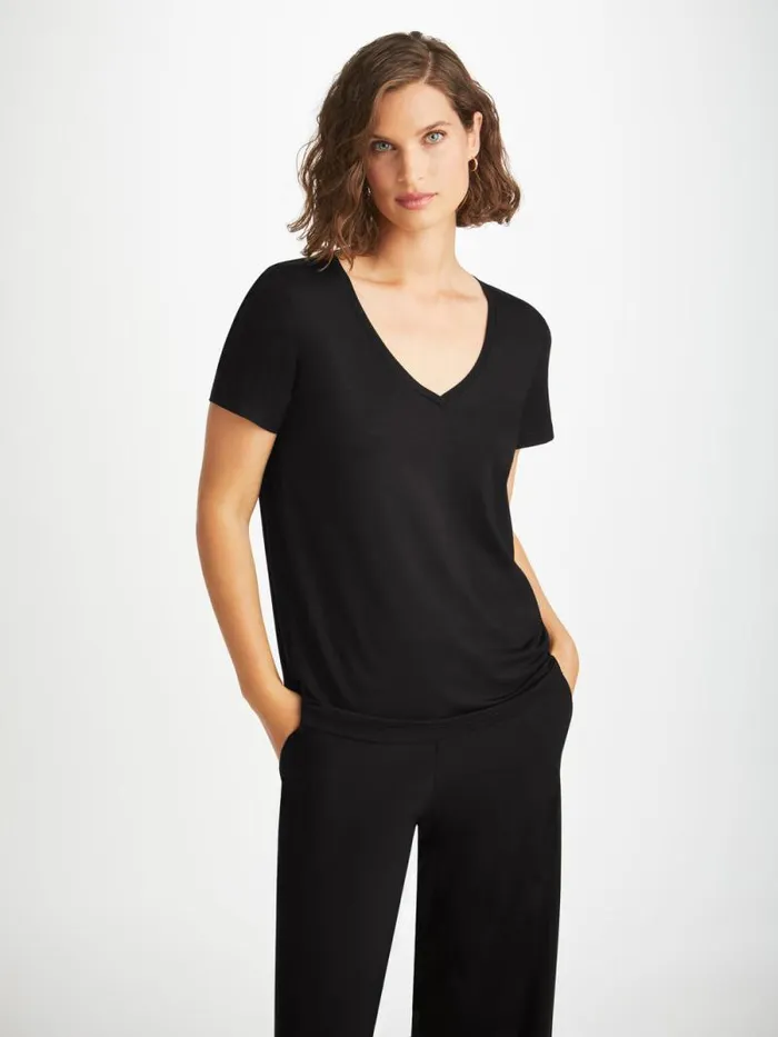 Derek Rose Short Sleeve TShirts Women VNeck TShirt Lara Micro Modal Stretch Black
