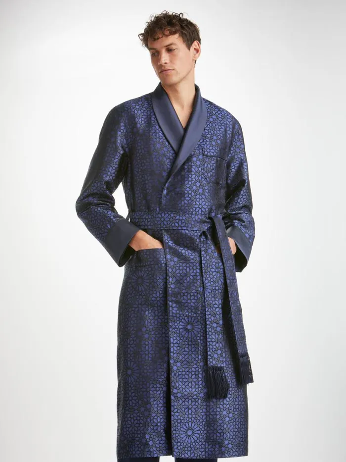 Derek Rose Silk Robes Men Robe Verona 66 Silk Satin Navy
