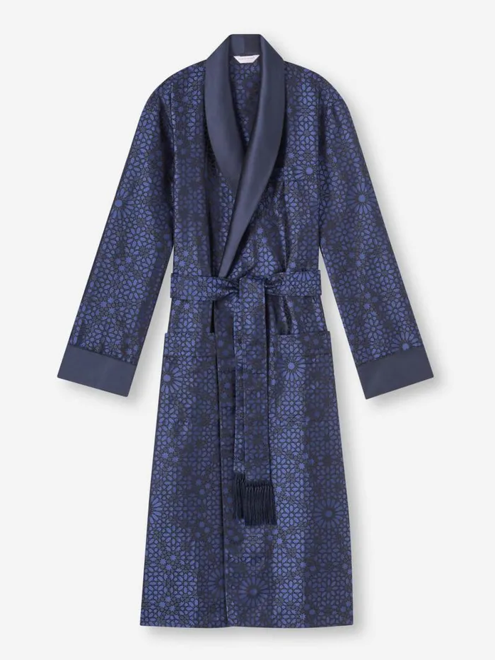 Derek Rose Silk Robes Men Robe Verona 66 Silk Satin Navy