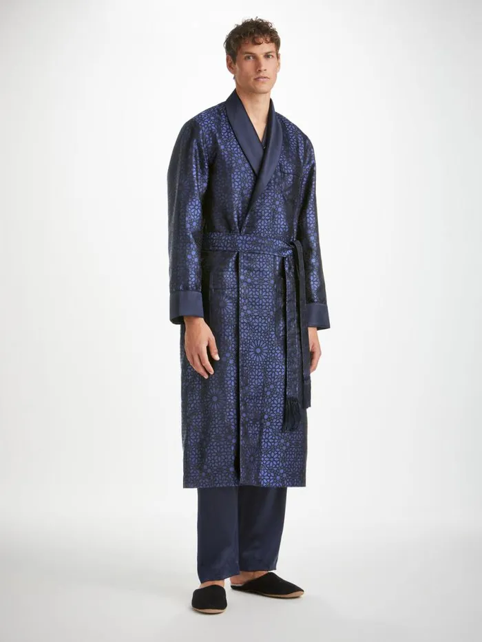 Derek Rose Silk Robes Men Robe Verona 66 Silk Satin Navy