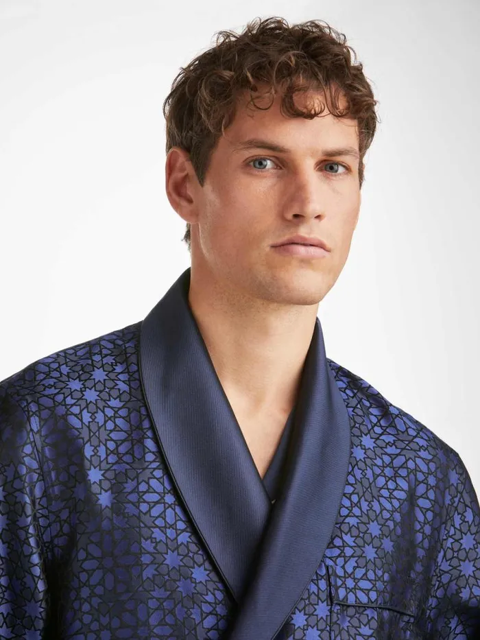 Derek Rose Silk Robes Men Robe Verona 66 Silk Satin Navy