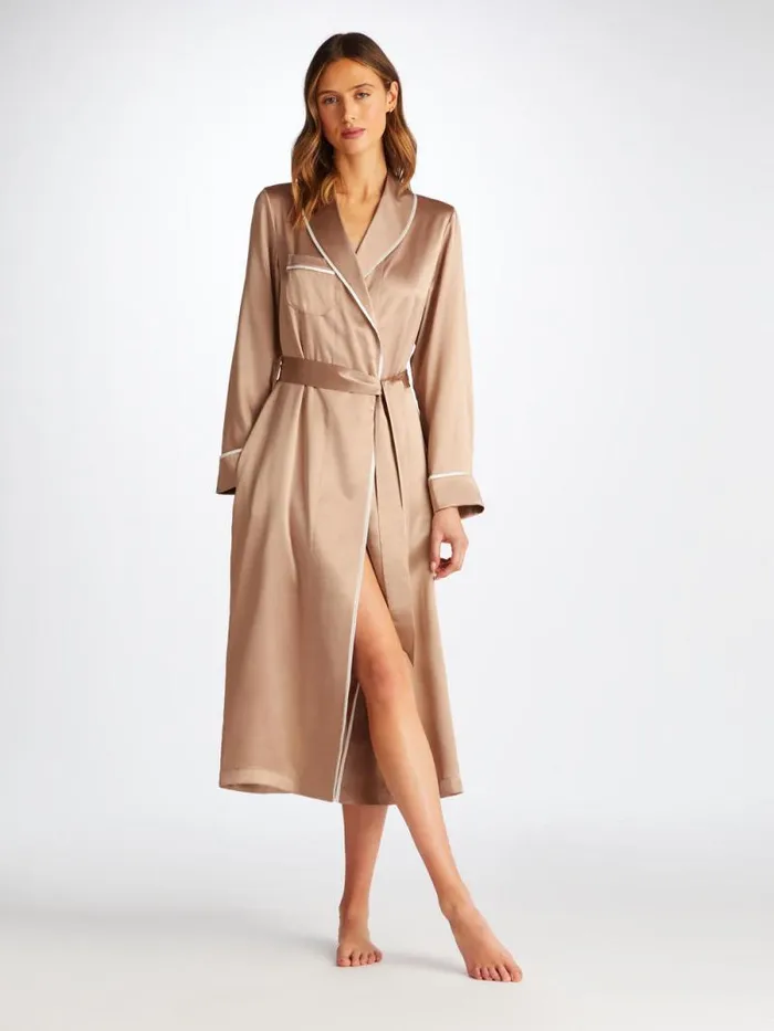 Derek Rose Silk Robes Women Long Robe Bailey Silk Satin Bronze