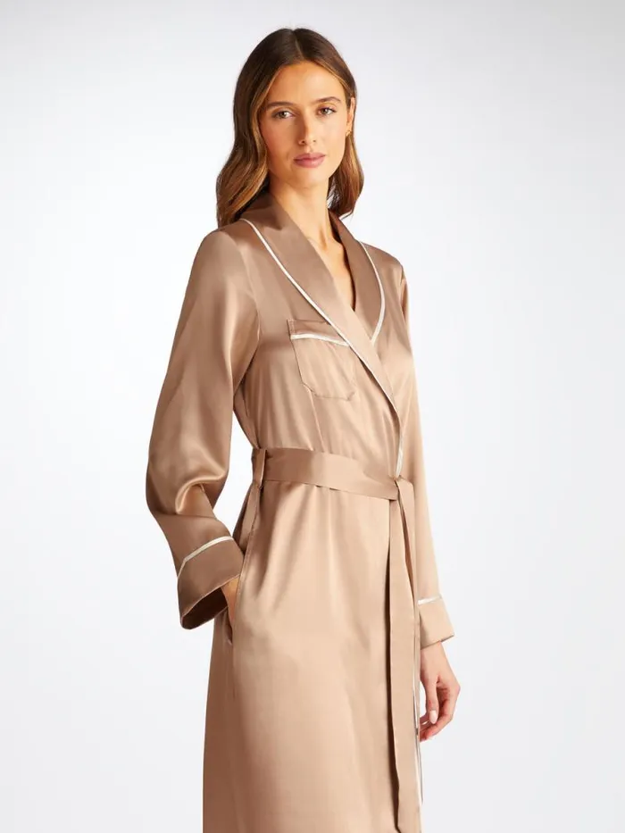 Derek Rose Silk Robes Women Long Robe Bailey Silk Satin Bronze