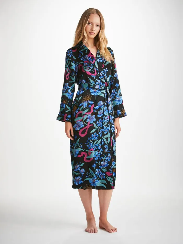 Derek Rose Silk Robes Women Long Robe Brindisi 101 Silk Satin Black