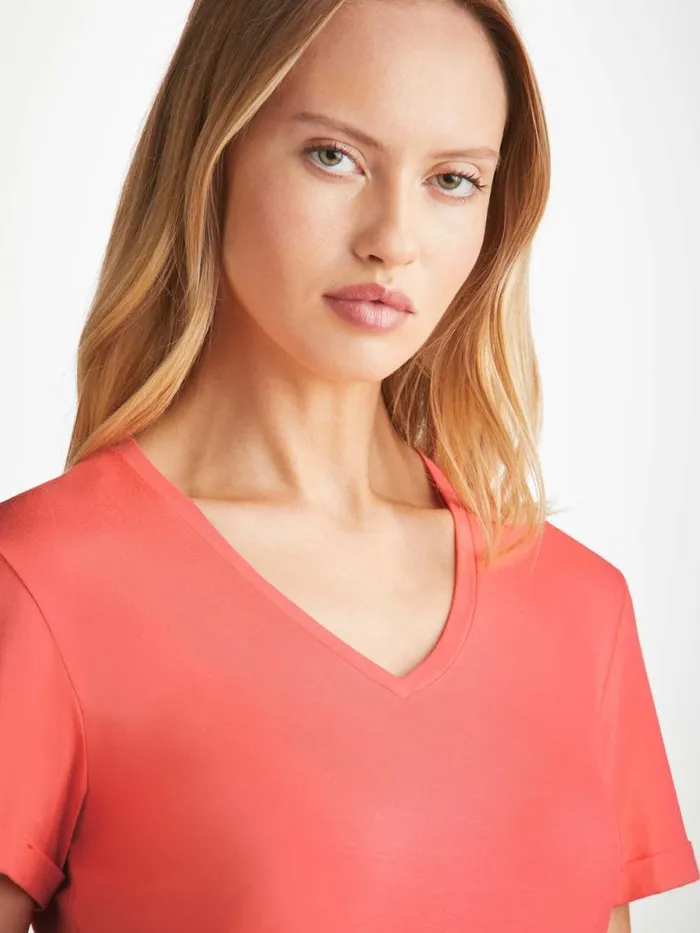 Derek Rose Sleep TShirts Women VNeck Sleep TShirt Lara Micro Modal Stretch Coral