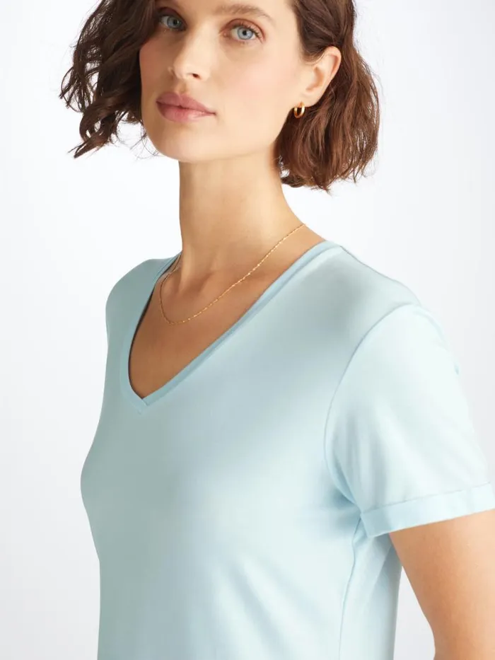 Derek Rose Sleep TShirts Women VNeck Sleep TShirt Lara Micro Modal Stretch Ice Blue