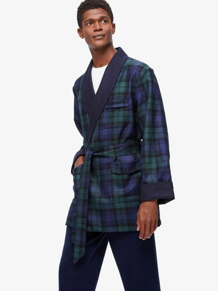 Derek Rose Smoking Jackets Men Smoking Jacket Tartan Wool Black Watch Navy