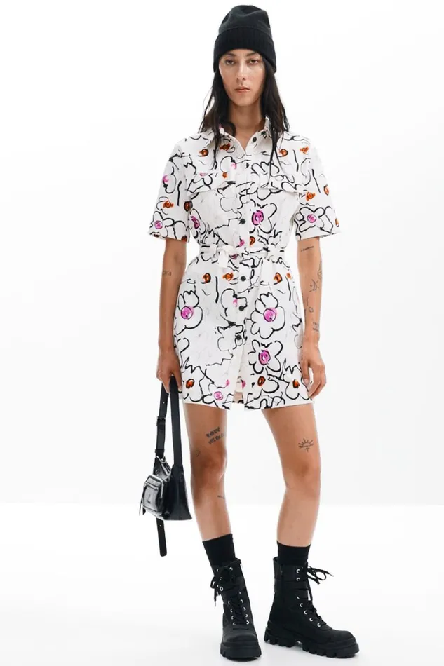 Dresses And Jumpsuits Women Desigual Dress With Drawn Flowers White