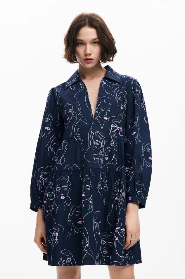 Dresses And Jumpsuits Women Desigual Mini Dress With Faces Blue