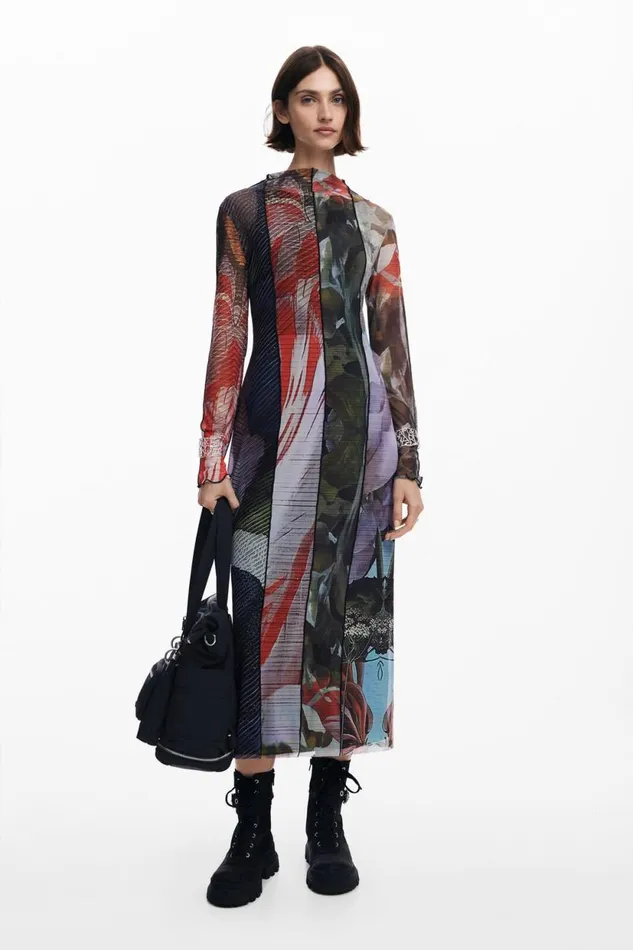 Dresses And Jumpsuits Women Desigual Printed Tulle Midi Dress Materialfinishes