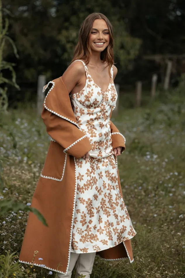 Dresses Petal and Pup Women Franny Midi Dress Cream Brown Floral