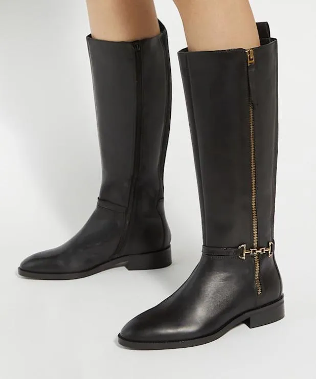 Dune London Black Boots Women Riding Boots With Signature Buckle Detail Black