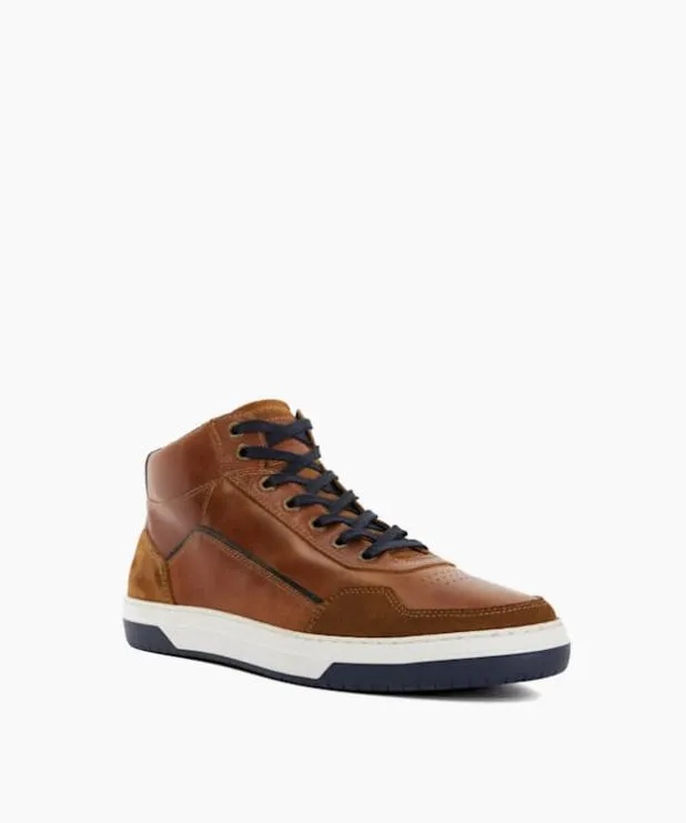Dune London Brown Shoes Men Contrast Perforated High Top Trainers Brown