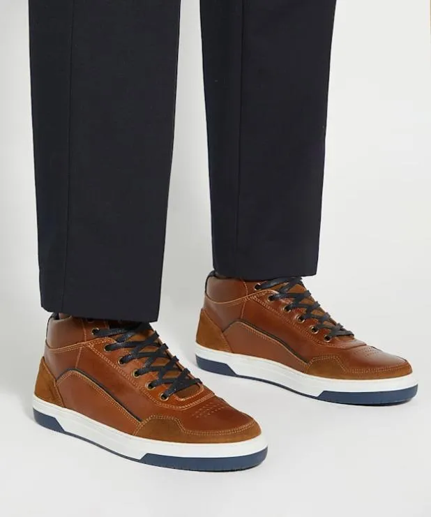 Dune London Brown Shoes Men Contrast Perforated High Top Trainers Brown