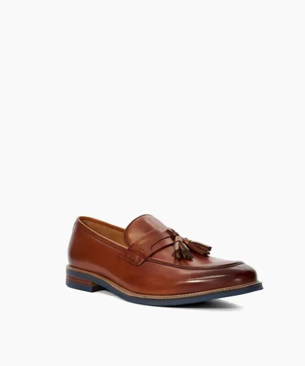 Dune London Brown Shoes Men Leather Contrast Sole Tassel Loafers Brown