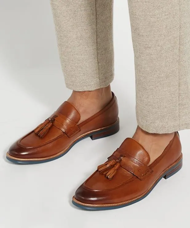 Dune London Brown Shoes Men Leather Contrast Sole Tassel Loafers Brown