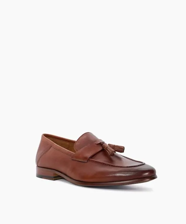 Dune London Brown Shoes Men Leather Crush Back Tassel Loafer Brown