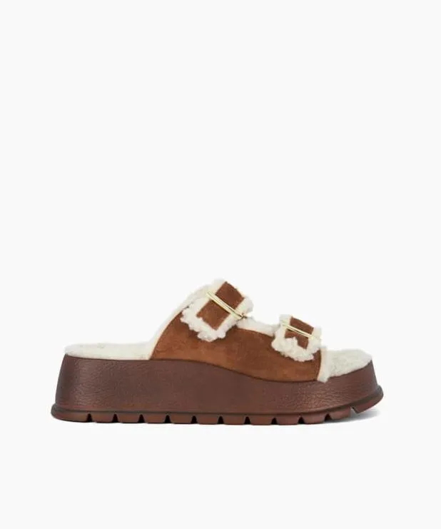 Dune London Flat Sandals Women Faux Shearling Lined Suede Double Strap Sandals Brown