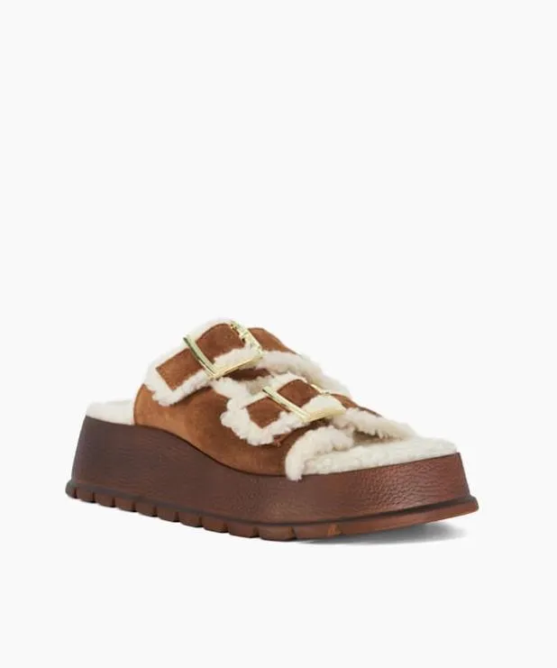 Dune London Flat Sandals Women Faux Shearling Lined Suede Double Strap Sandals Brown