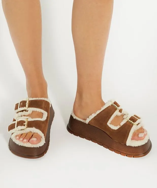 Dune London Flat Sandals Women Faux Shearling Lined Suede Double Strap Sandals Brown