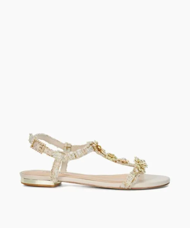 Dune London Flat Sandals Women Floral Embellished Tbar Sandals Neutral