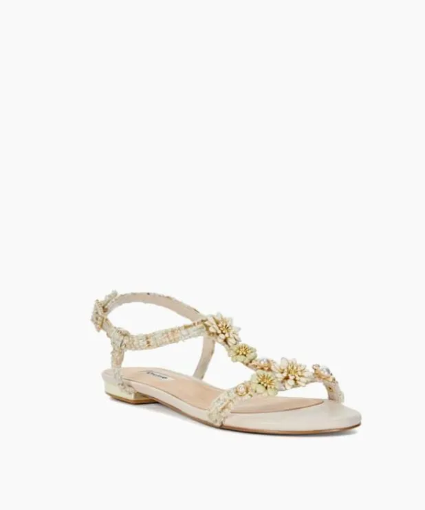 Dune London Flat Sandals Women Floral Embellished Tbar Sandals Neutral