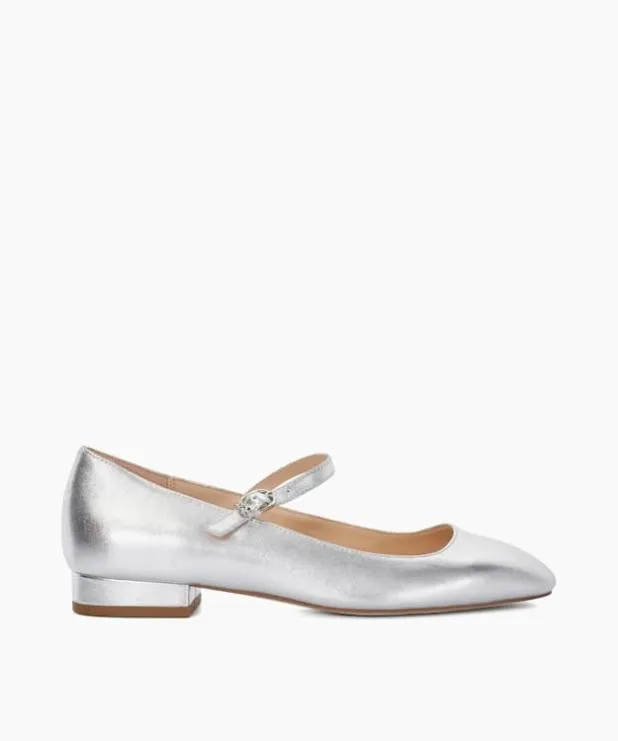 Dune London Flat Shoes Women Silver Low Heel Mary Janes Metallic